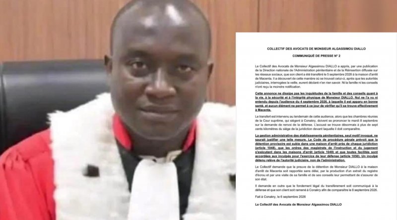 Affaire Algassimou Diallo : ses avocats exigent des garanties sur son transfert à Macenta Affaire Algassimou Diallo : ses avocats exigent des garanties sur son transfert à Macenta