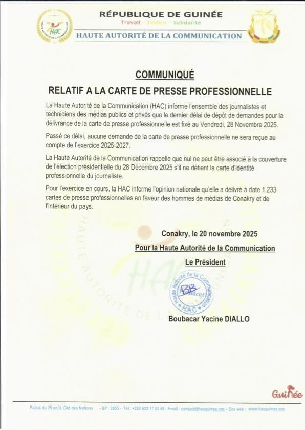 Communiqué : La HAC fixe la date limite de dépôt des demandes de carte de presse professionnelle