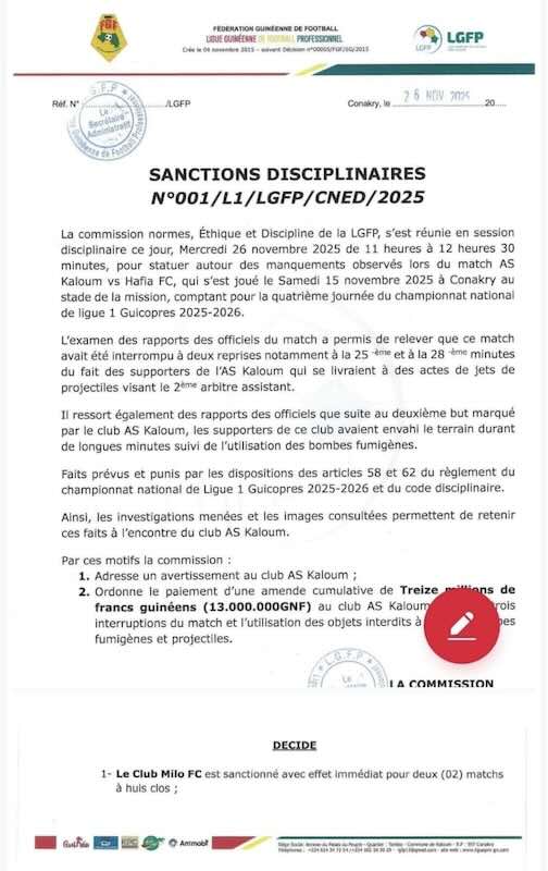  La LGFP sanctionne lourdement le Milo FC et AS Kaloum
